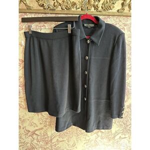 ST JOHN BASICS 8‎ Black Knit Cardigan Sweater Jacket Skirt Suit Classic Set